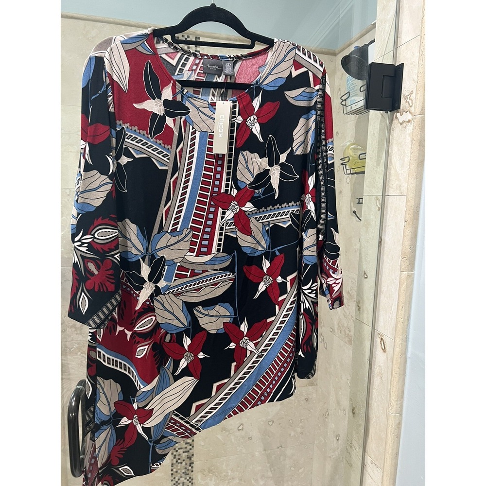Chicos Travelers Classic Tropical Red Tunic Top Size 3P XL Petite New Nwt
